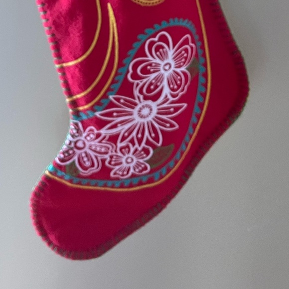 Vintage Red Xmas Stocking with paisley & green gem, Blue cuff w/ sequins - Picture 3 of 4